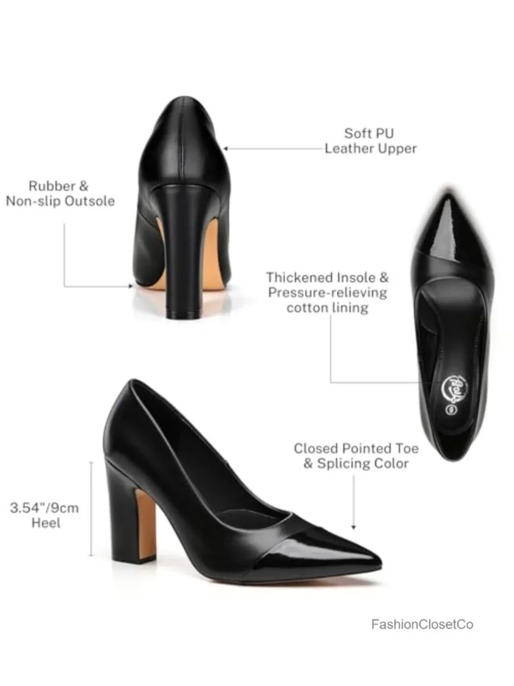 Women's Faux Leather Chunky Block Heel Pumps Slip-On Pointed Toe Dress Wedding